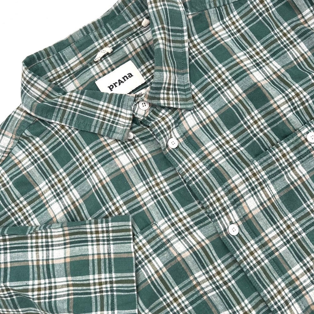 PRANA Men's Sz XL 100% Organic Cotton Green Plaid Short-Sleeve Button-Down Shirt